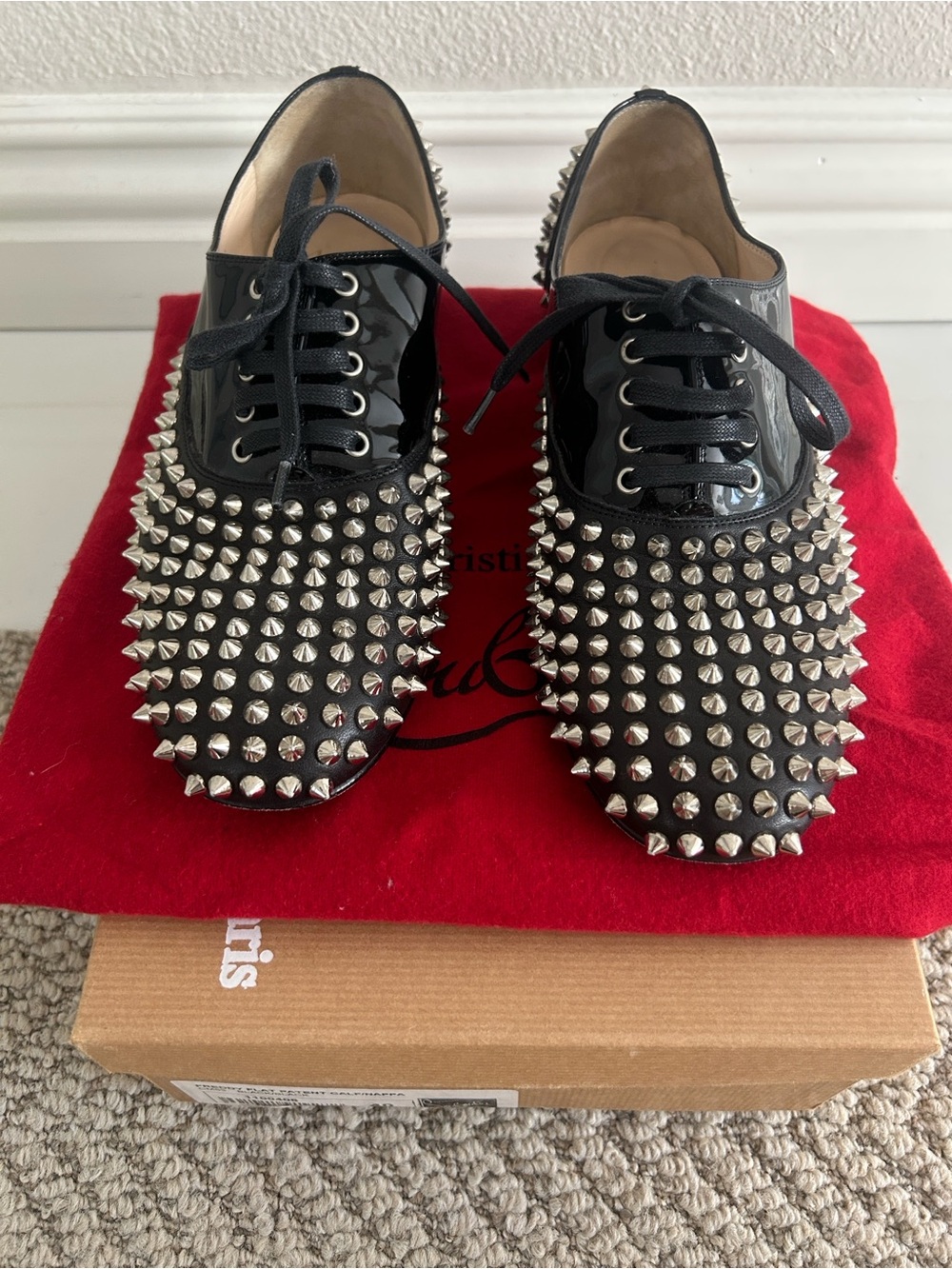 Christian Louboutin Freddy Flat Black Studded Patent Oxford Shoes